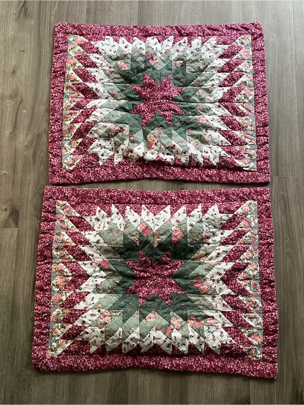 Vintage Set of 2 Quilted Pillow Shams in Green & Berry Tones- JC Penney Home